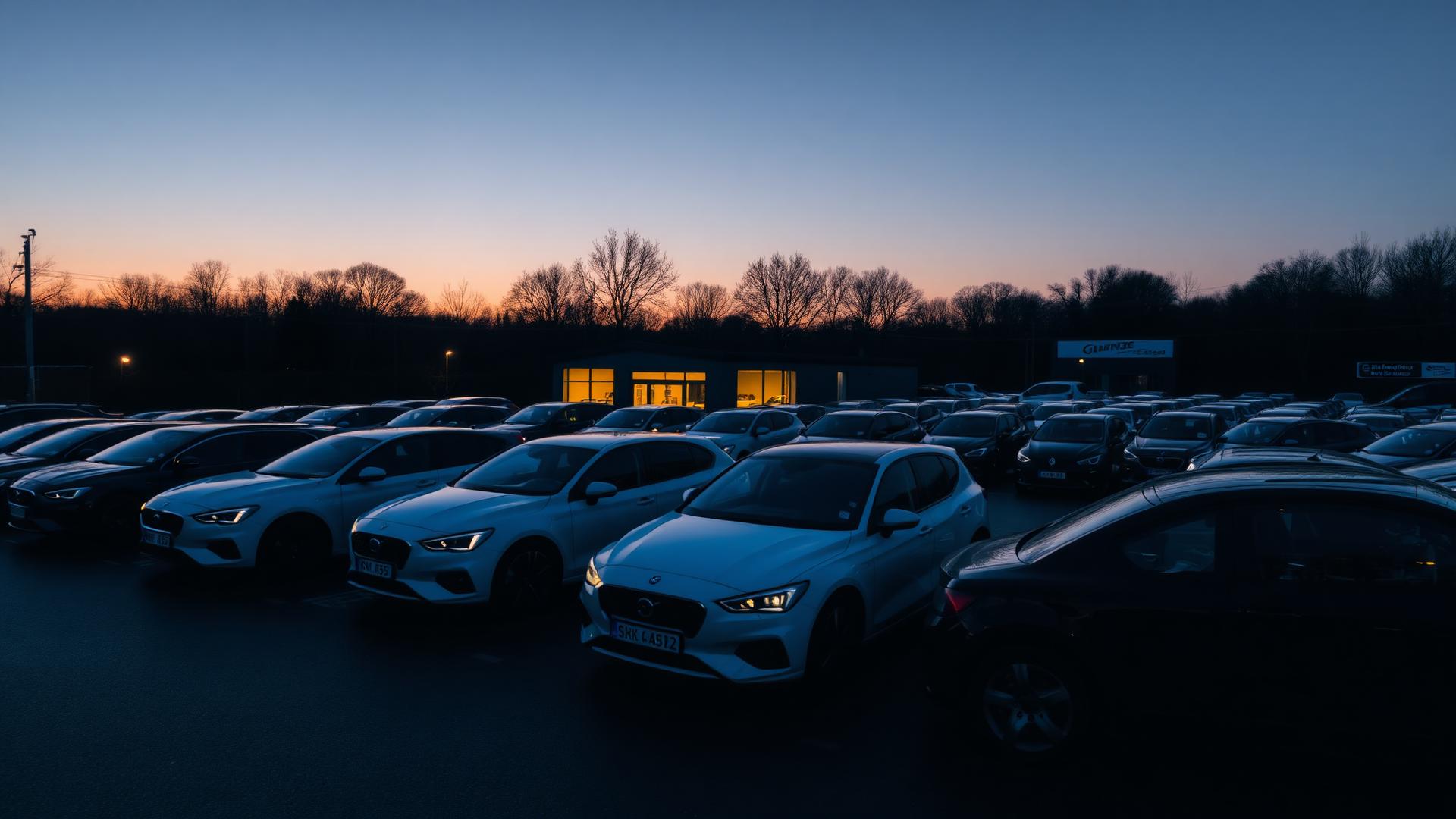 Wagenpark van Garage De Jaeger Kurt in Maldegem bij zonsondergang